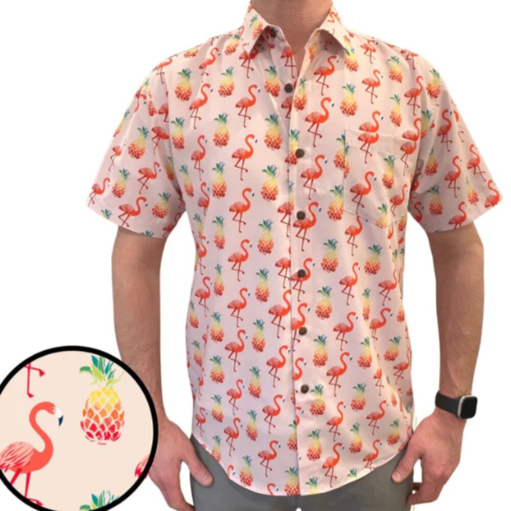 Tropical‎ Bros Floridian Flamingo Hawaiian Shirt Super Stretch Size Medium